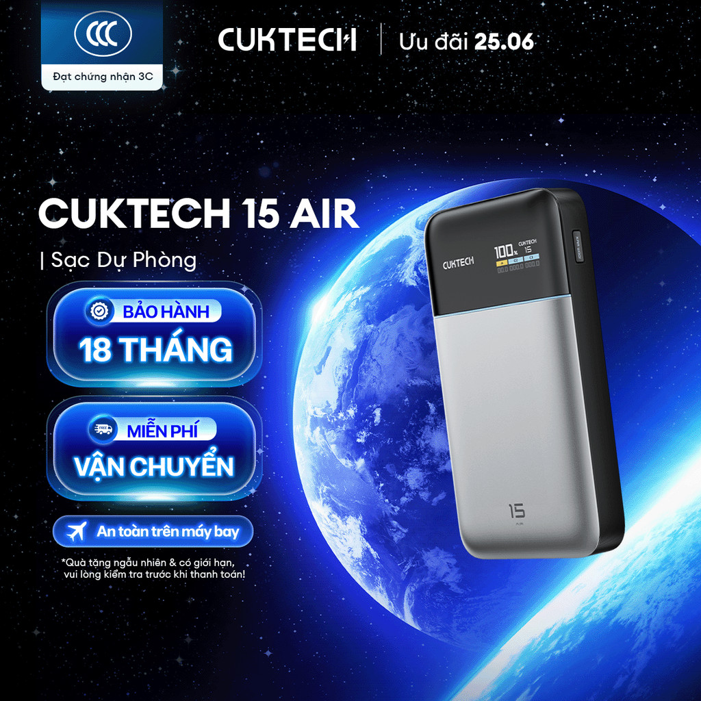 CUKTECH 15 AIR Sạc Di Động 2C1A | Công Suất 100W Max | Dung Lượng 15.000mAh | Bảo Hành 18 Tháng PB150S