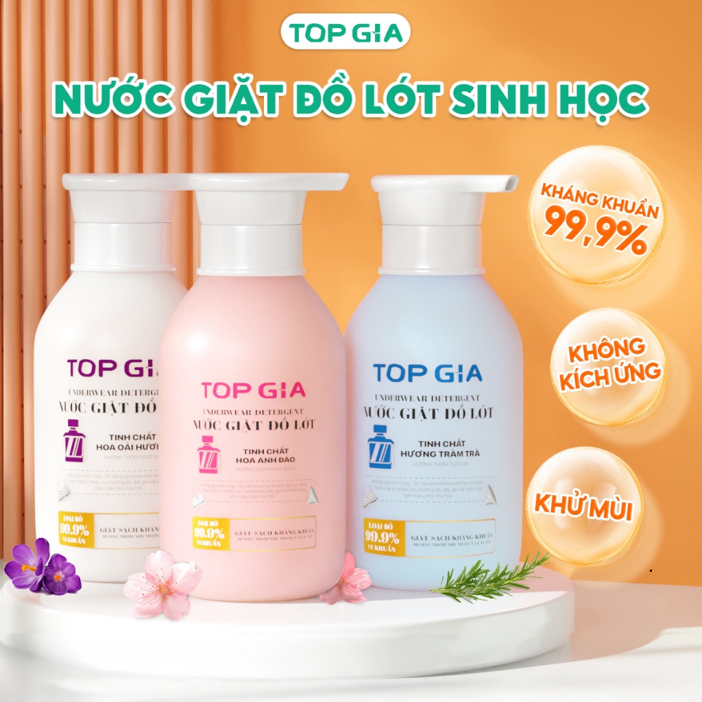 Set 3 Chai Nước Giặt Đồ Lót TopGia 520ml - 3 Mùi Oải Hương/ Tràm Trà/ Hoa Anh Đào Dịu Nhẹ Khử Mùi