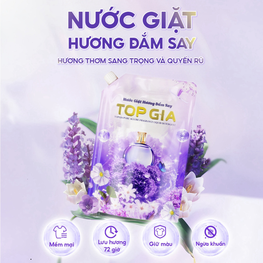 Nước Giặt Xả TopGia Hương Lavender Đắm Say Túi 1L Dịu Nhẹ, Lưu Hương 72H, Đánh Bay Vết Bẩn