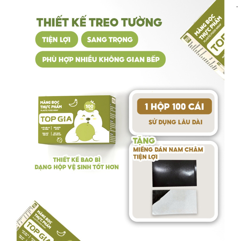 Màng bọc thực phẩm TopGia hộp 100 cái treo tường dạng rút tiện lợi chất liệu PE an toàn cho gia đình