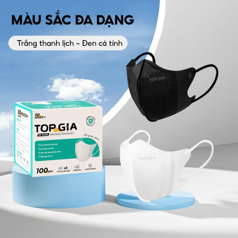 Khẩu Trang 5D Top Gia (Trắng - Đen)100-300 cái an toàn, kháng khuẩn, chống tia UV, ngăn ngừa bụi mịn