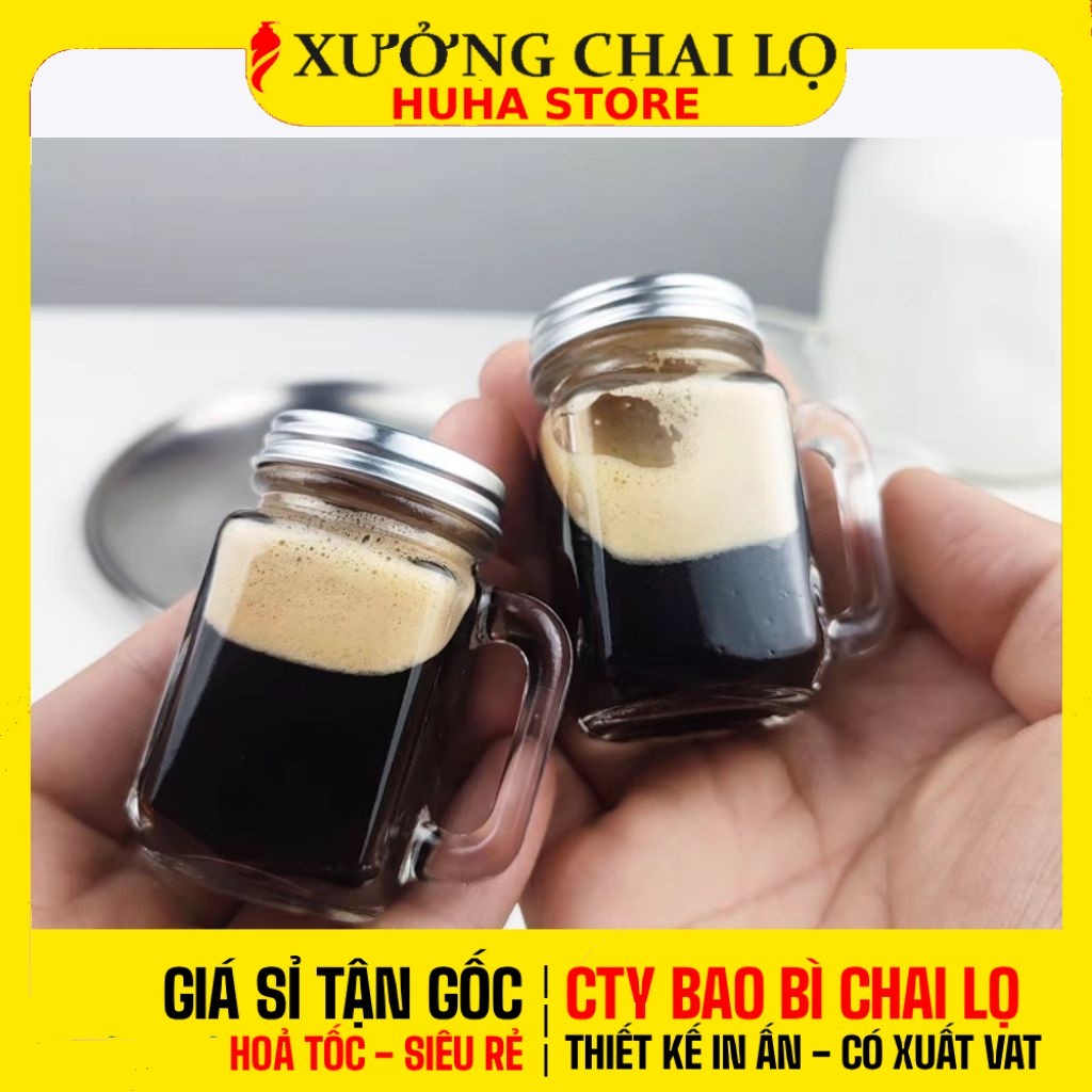 [COMBO 5 CÁI] Cốc Thủy Tinh Có Quai 40ml 120ml Nắp Nhôm Bạc Đựng Ginger Shot, Nước Ép, Cà Phê