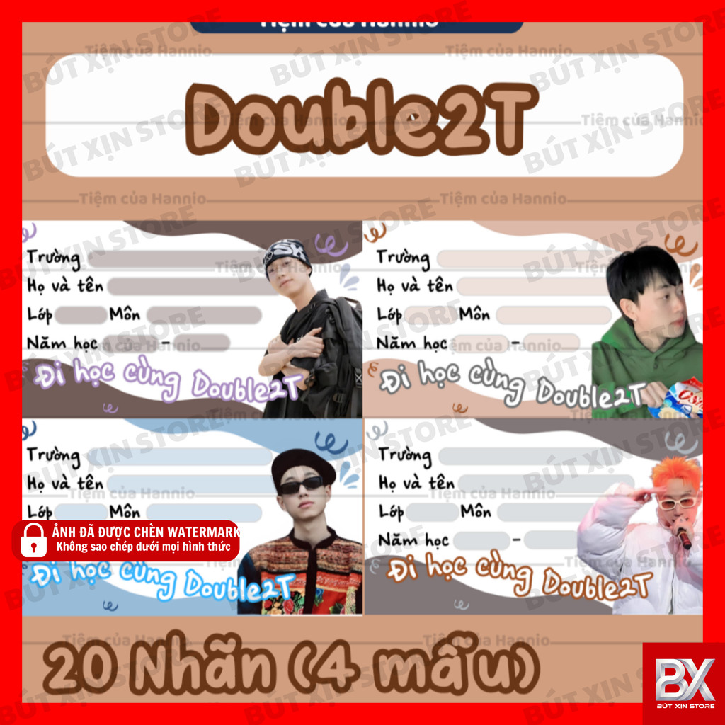 [GIAO NHANH 24H] Bộ 20 nhãn dán nhãn vở in hình Double2T, kích thước 7.4 x 4.2cm Mới