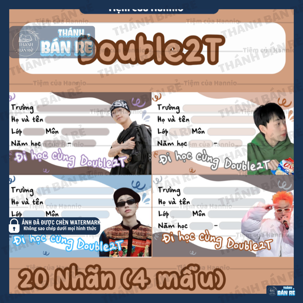 🔥HOT🔥 Bộ 20 nhãn dán nhãn vở in hình Double2T, kích thước 7.4x4.2cm cho học sinh Mới