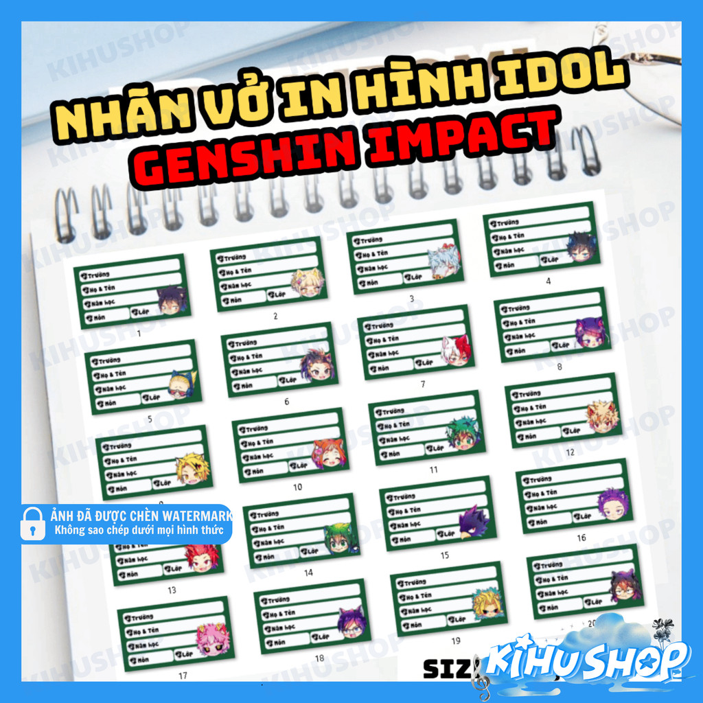 [KIHUSHOP] Set 20/50 nhãn dán vở Genshin Impact, tiện ghi tên, dán sách vở rõ nét