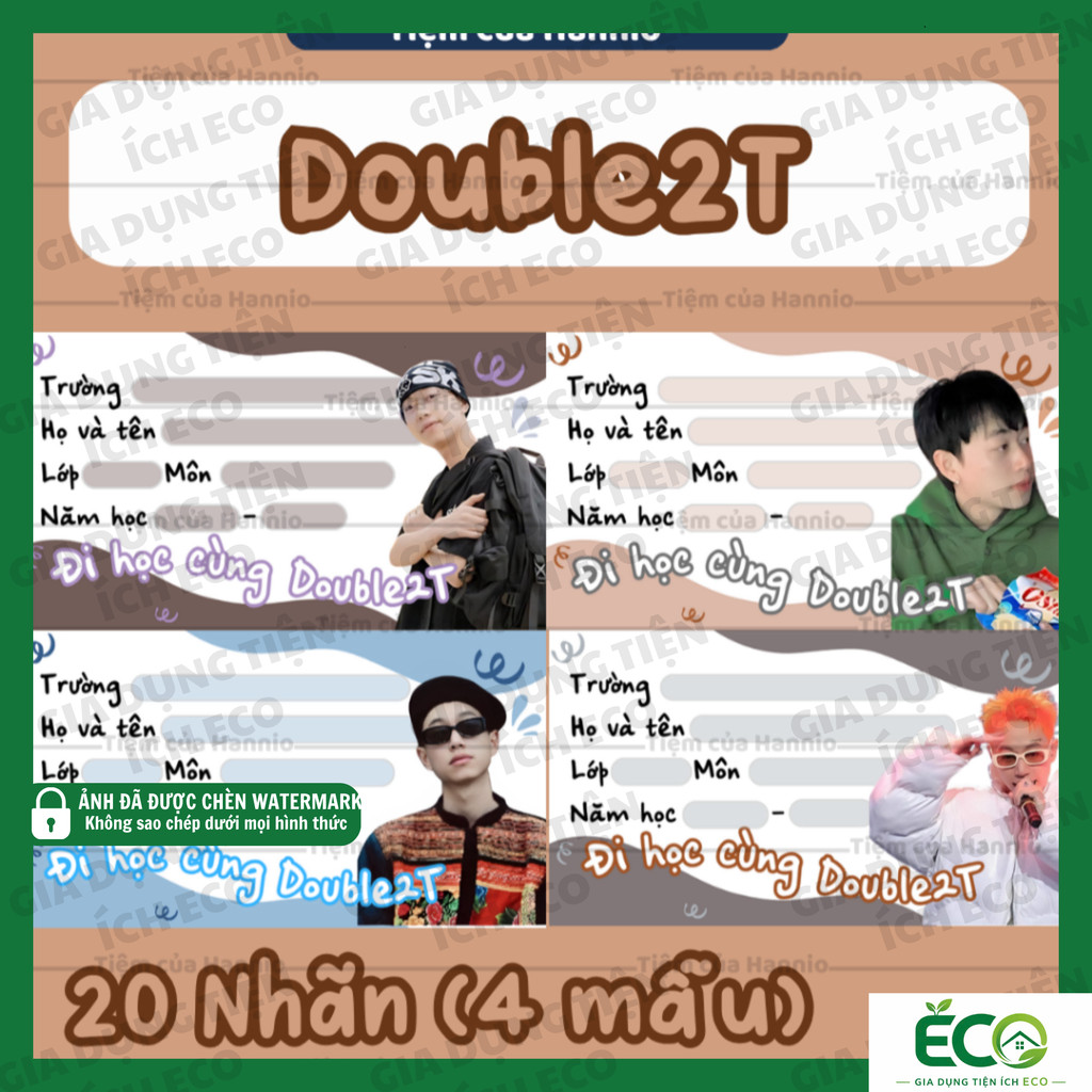 🔥CHÍNH HÃNG🔥 Bộ 20 nhãn vở Double2T in hình, kích thước 7.4 x 4.2 cm, dùng dán sách vở tiện lợi