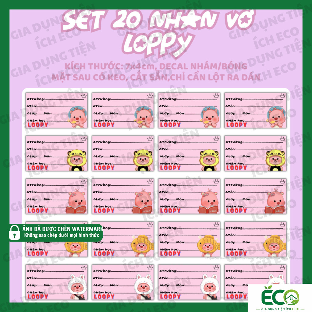 🔥CHÍNH HÃNG🔥 SET 20 Sticker Nhãn Vở Loppy Decal Nhám/Bóng Có Keo Cắt Sẵn, Dán Vở Học Sinh Tiện Lợi