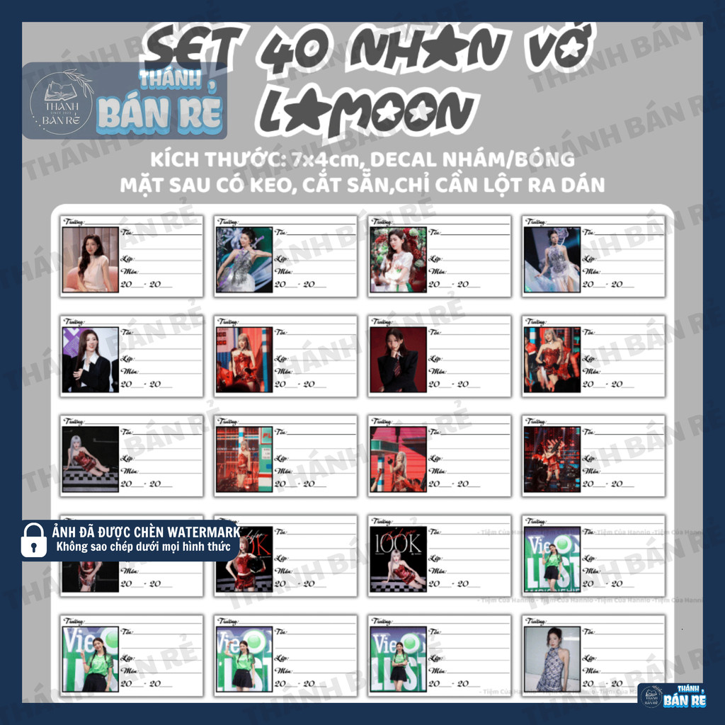 🔥HOT🔥 Set 40 sticker nhãn vở Lamoon decal nhám/bóng có keo cắt sẵn dán sổ tay, vở học sinh tiện lợi 
