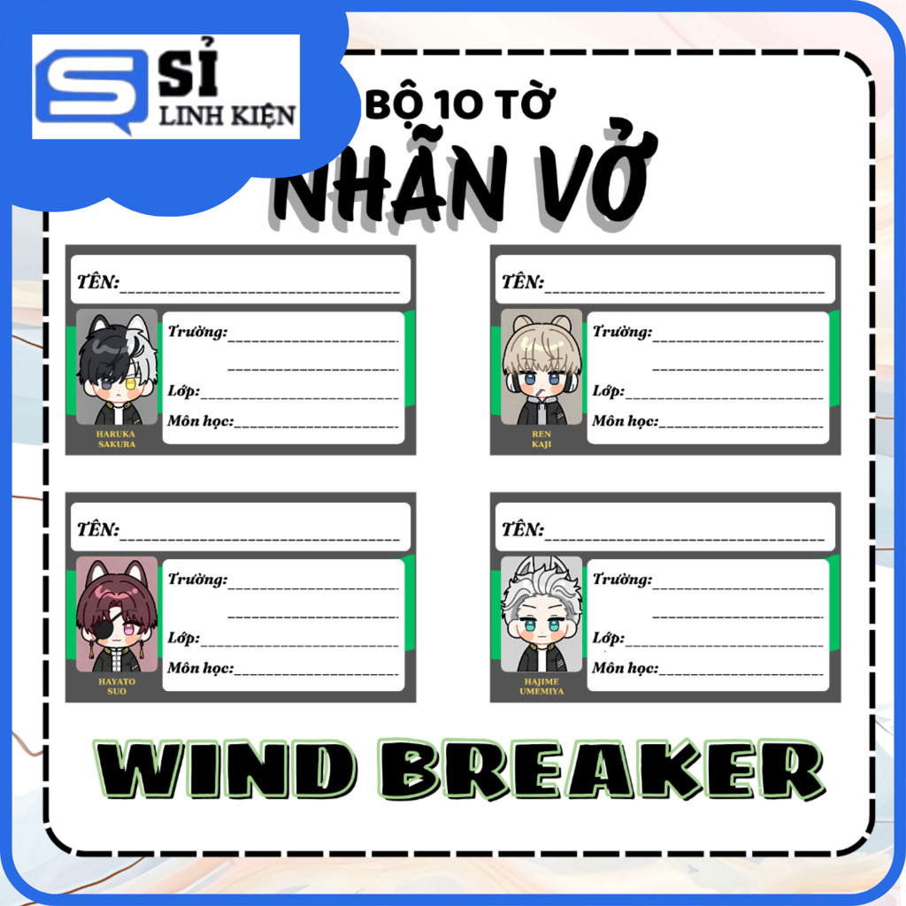 [LOẠI 1] Nhãn dán vở Wind Breaker gói 10 miếng, dùng dán tập vở, sách cho học sinh