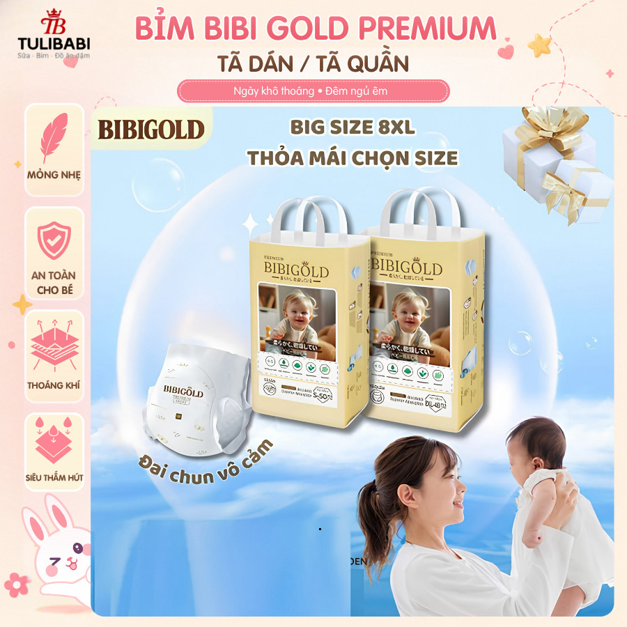 Tã Bỉm Bibi Gold Premium Quần Dán Siêu Mỏng Mềm Mại Thấm Hút Tốt Size S-8XL Cho Bé