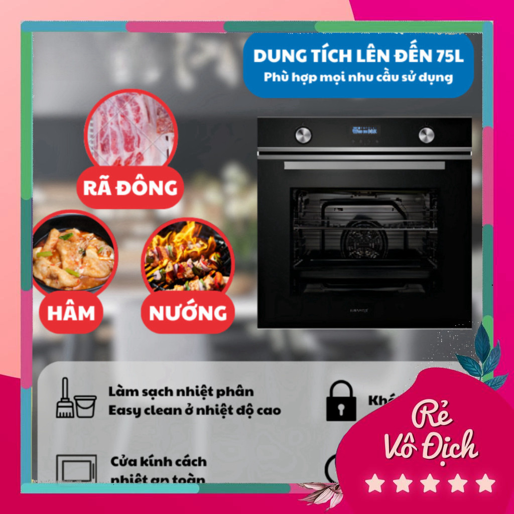 Lò nướng âm tủ GrandX GX75V8, 75L, kính đen, inox chống vân tay