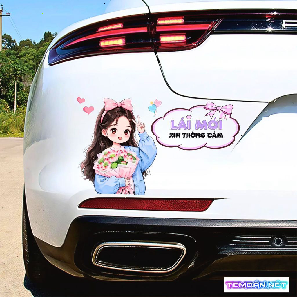 Decal "Lái Mới Xin Thông Cảm" Hình Cô Gái Cầm Hoa Dễ Thương Xinh Xắn