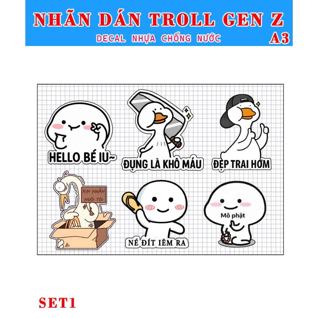 Decal Troll Gen Z Hài Hước Dán Xe,Oto Decal Nhựa Chống Nước Set 6 Tem Loại Tốt - Sticker Troll Gen Z