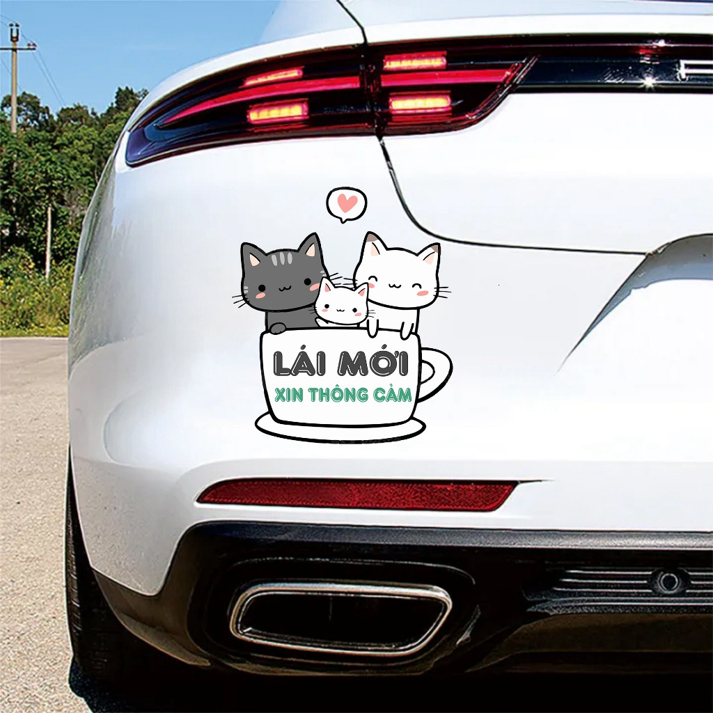 Dán Xe Oto Mẫu Mèo Cute in chữ LÁI MỚI chống nước, dán xe oto, trang trí Oto in hình theo yêu cầu, i