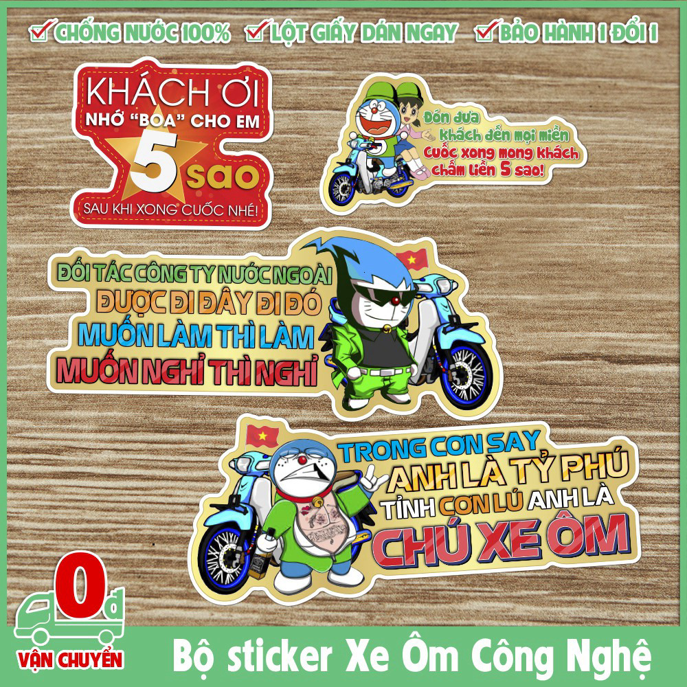 Bộ sticker XE ÔM công nghệ decal chống nước tem tài xế grab gojek đánh giá 5 sao dán trang trí nón b