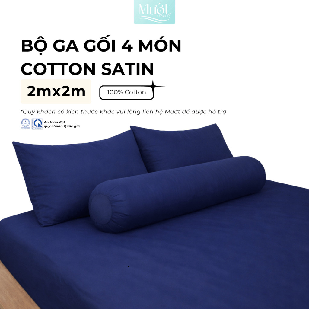 Bộ Ga Gối 4 Món Cotton Satin Cao Cấp Mướt Cotton Nệm 2mx2m Trơn Màu Drap Bo Chun Mềm Mịn Thoáng Khí