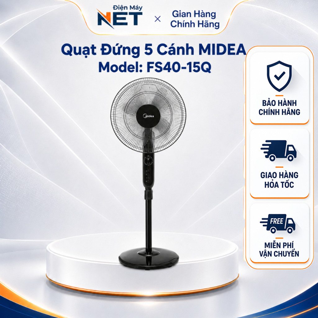 Quạt Đứng Midea FS40-15Q - Quạt 5 Cánh 40Cm, Động Cơ Bạc Thau, Bảo Hành Chính Hãng