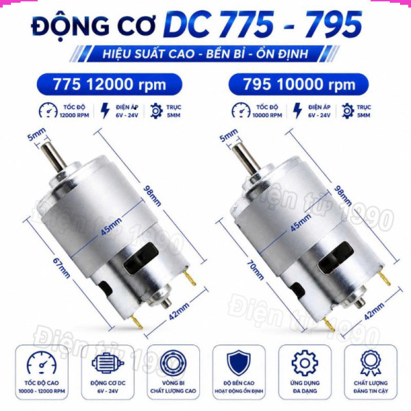 Động cơ DC 775/795 tốc độ cao điện áp 12V