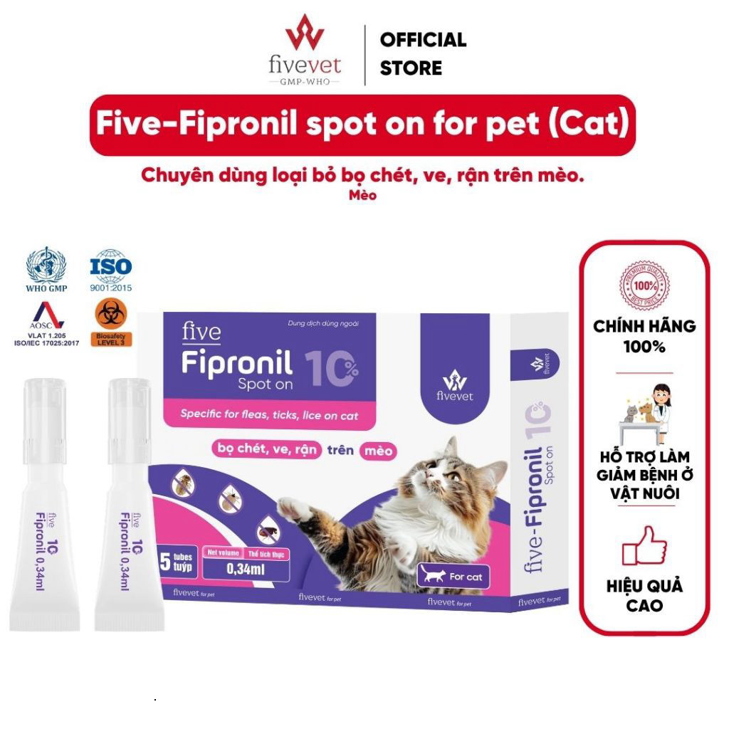 Nhỏ Gáy Mèo Hỗ Trợ Làm Sạch Ve Rận Bọ Chét FIVEVET – Five-Fipronil Spot On Cat