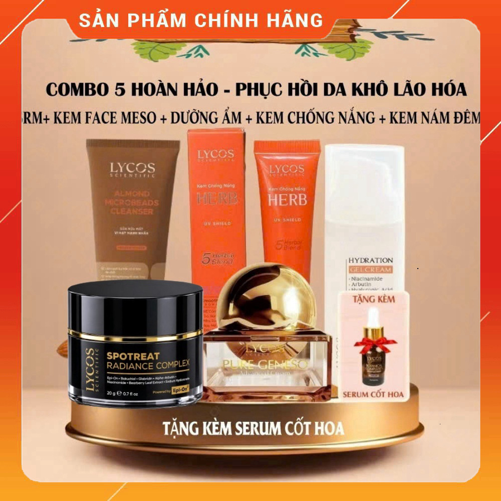 Combo Lycos phục hồi da khô lão hóa: SRM, dưỡng ẩm, face meso, kem nám, chống nắng