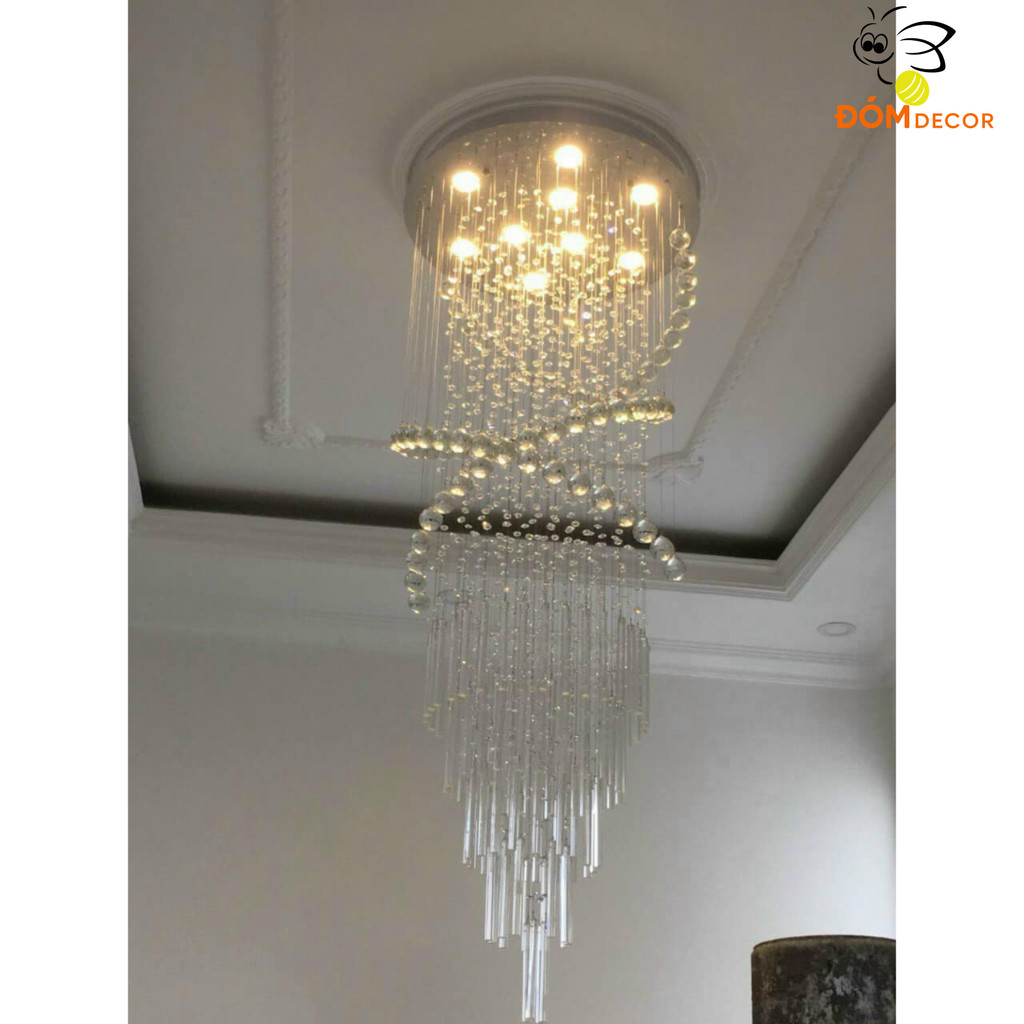Đèn thả thông tầng cầu thang pha lê HT33, LED dây, ánh sáng vàng trắng trung tính, sang trọng hiện đ