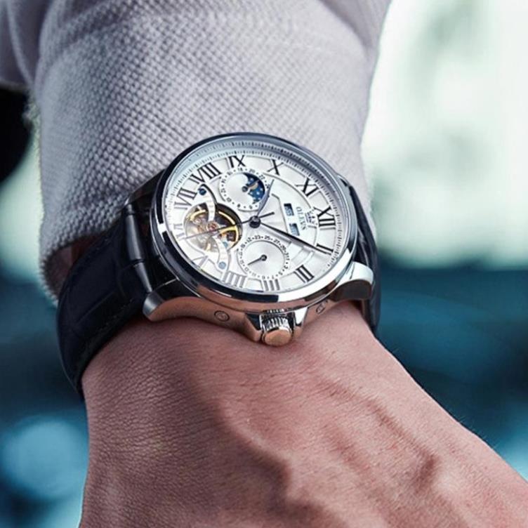Đồng hồ nam Olevs lộ cơ automatic chính hãng,Đồng hồ đeo tay có lịch ngày đêm kèm hộp tặng bạn trai