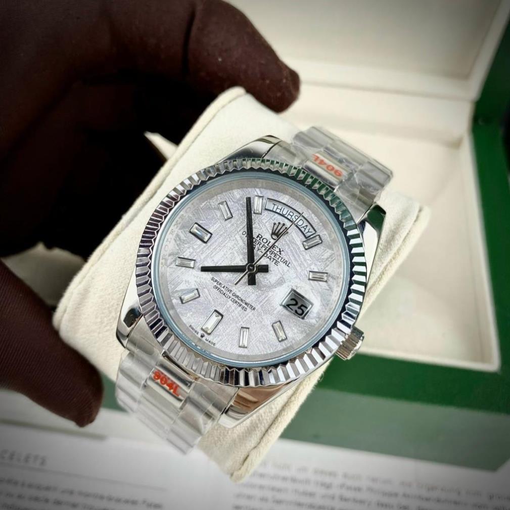 Đồng hồ Nam Rolex mẫu classic mặt vân xám viền trắng dây thép máy Automatic size 39mm-40mm