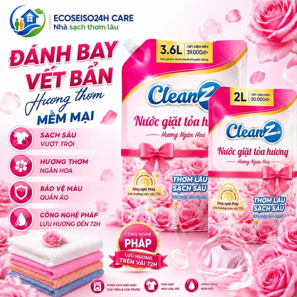 Nước Giặt Xả CleanZ Đánh Bay Vết Bẩn, Hương Thơm Mềm Mại, Bảo Vệ Màu Quần Áo