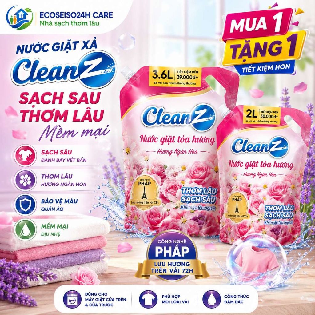 (Mua 1 tặng 1) Nước giặt xả CleanZ Công Nghệ Kép Sạch Sâu, Lưu Hương Lâu Dài, Bảo Vệ Màu Quần Áo
