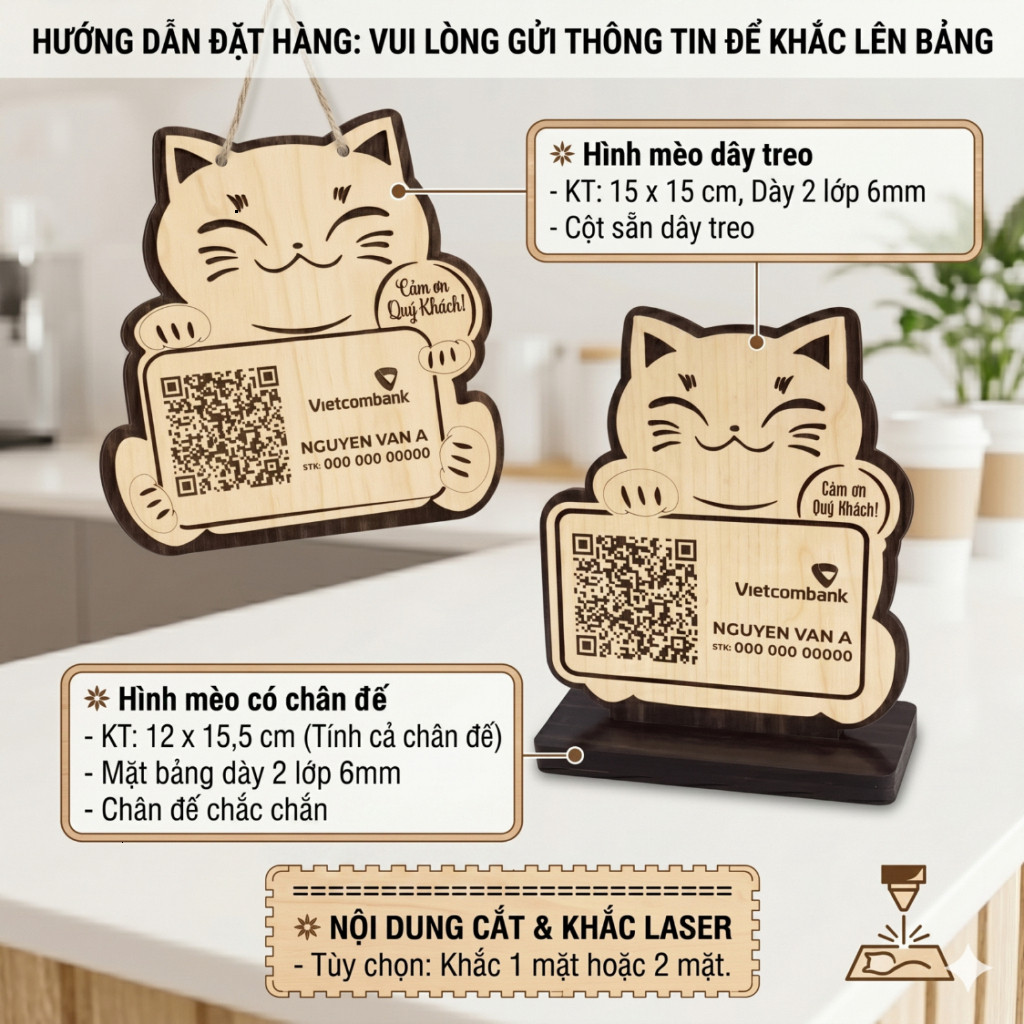 Bảng gỗ QR code thanh toán dây treo/chân đứng hình Mèo dùng quét mã QR chuyên nghiệp, tiện lợi, nhan