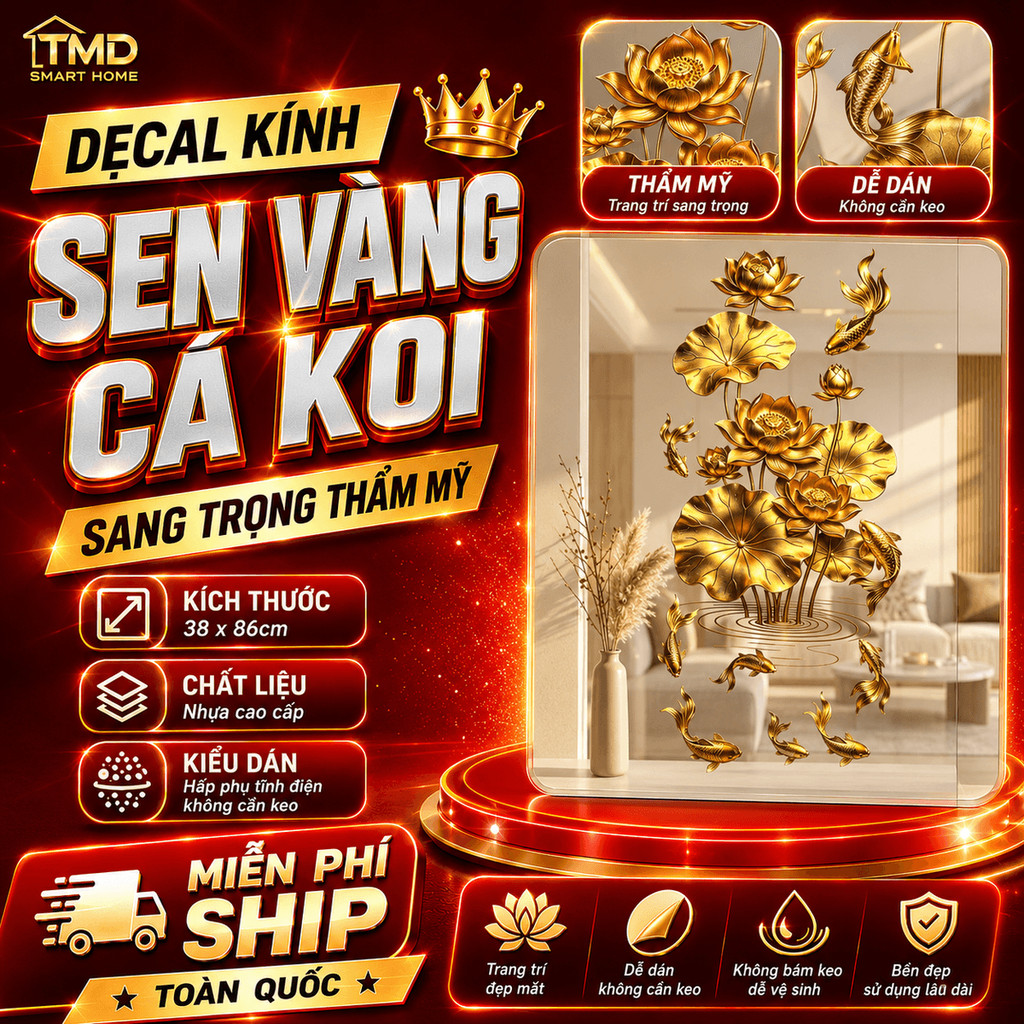 Decal Dán Kính Sen Vàng Cá Koi – Trang Trí Cửa Kính, Decor Nhà Cửa Sang Trọng
