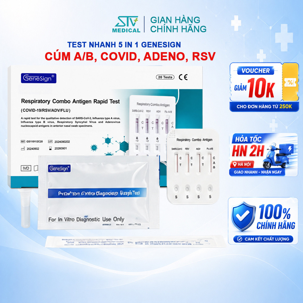 Kit Test Nhanh GeneSign 5 Trong 1 Chính Hãng Phát Hiện COVID-19, RSV, Adenovirus Cúm A/B Hộp 20 Test