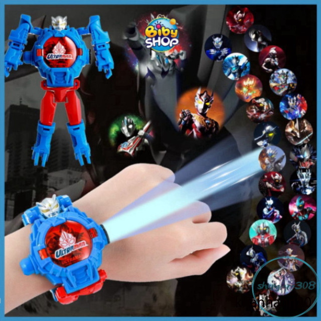 Đồng Hồ Xếp Hình Robot BIBY Biến Hình Cho Bé, Đèn Chiếu Hình Siêu Nhân