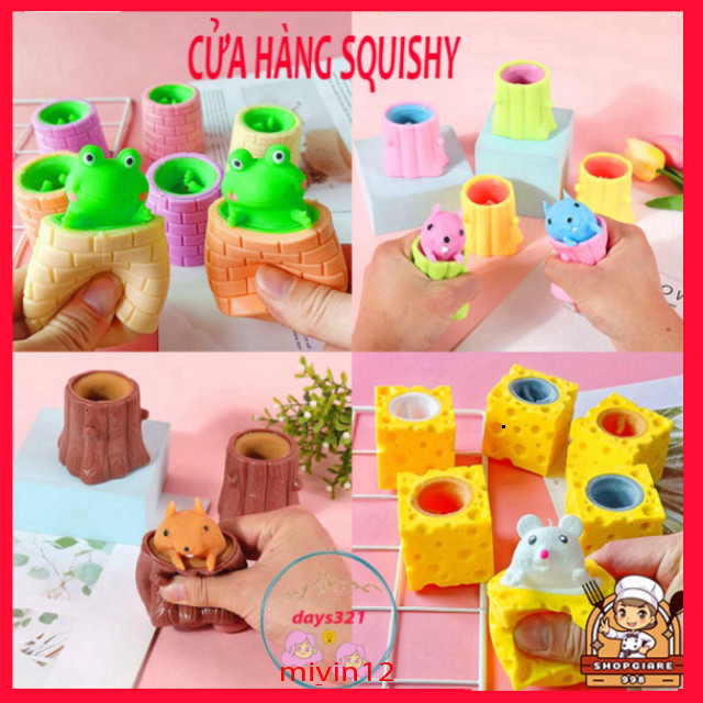 Quishy Ếch ngồi đáy giếng sóc gốc cây bóp tay Mochi mềm mại, đồ giải trí giảm stress đàn hồi