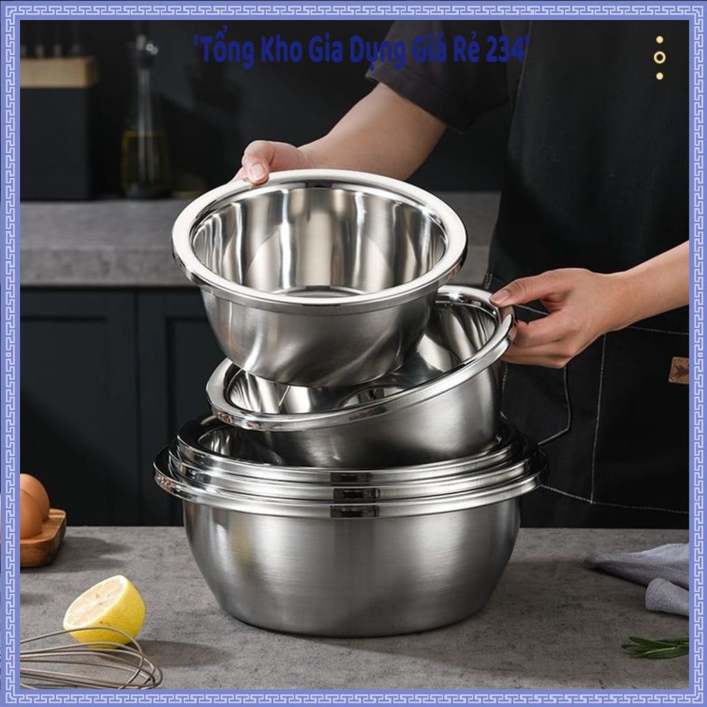 (COMBO 5) THAU INOX ĐỦ SIZE LOẠI DÀY BÓNG ĐẸP, Thau Inox Rửa Rau Củ, Thau Trộn Thực Phẩm, Chậu Inox 