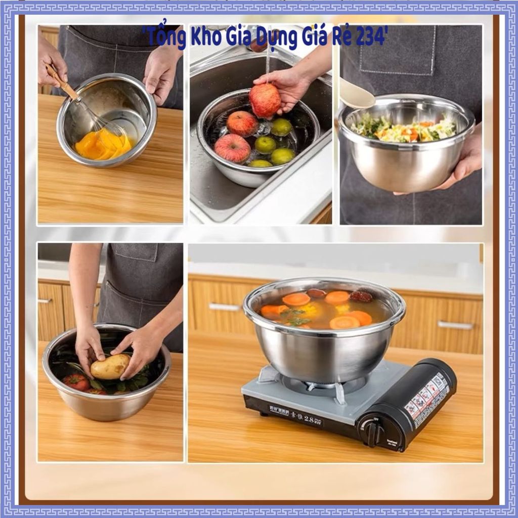 (COMBO 5) THAU INOX CAO CẤP ĐỦ SIZE BÓNG ĐẸP, Thau Inox Đa Năng, Chậu Inox Rửa Rau, Thau Trộn Bột, T