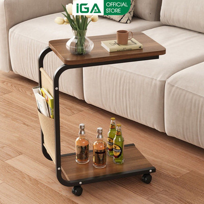 Bàn trà thông minh, bàn phụ sofa IGA chữ U 2 tầng có bánh xe di động - GM102