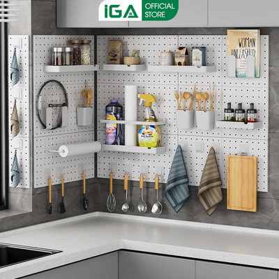 Bộ bảng lỗ Pegboard treo tường tặng kèm phụ kiện như ảnh decor góc làm việc hoặc nhà bếp IGA - GM170