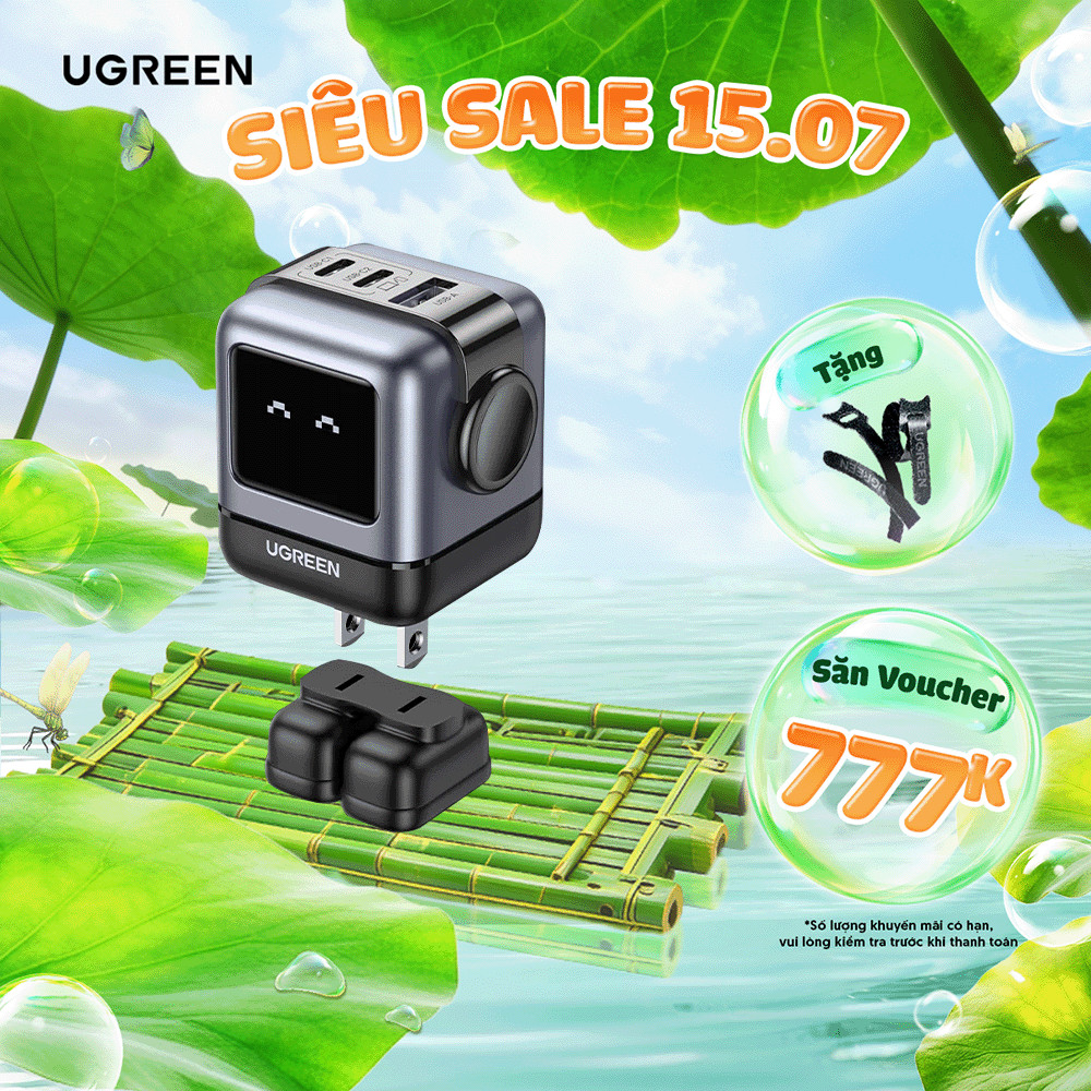 Củ sạc nhanh Robot 65W UGREEN GaN CD361 | Sạc đồng thời 3 thiết bị | Màn hình LCD | Bảo hành 18 thán