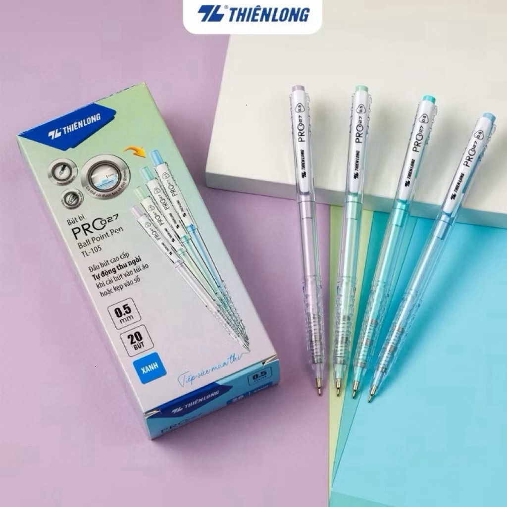 [Sỉ ib] Combo bút bi Thiên Long Pro 027 TL-105 pastel, ngòi 0.5mm, mực xanh/đỏ/đen, tự động thu ngòi