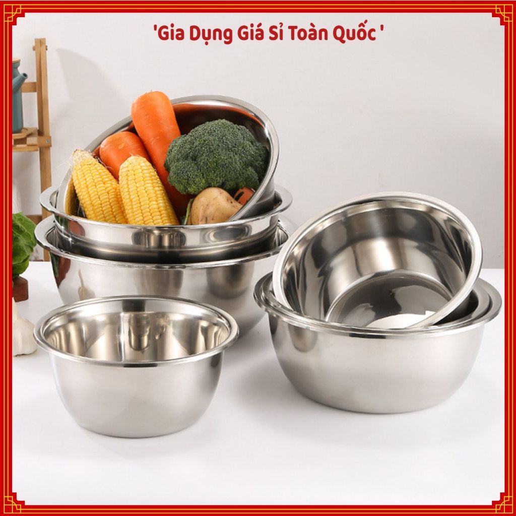 (COMBO 5) THAU INOX ĐỦ SIZE LOẠI DÀY BÓNG ĐẸP, Thau Inox Rửa Rau Củ, Thau Trộn Thực Phẩm, Chậu Inox 