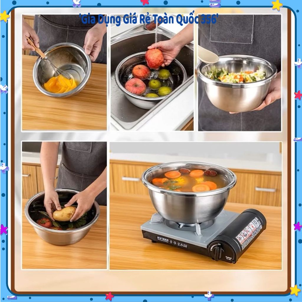 (COMBO 5) THAU INOX CAO CẤP ĐỦ SIZE BÓNG ĐẸP, Thau Inox Đa Năng, Chậu Inox Rửa Rau, Thau Trộn Bột, T