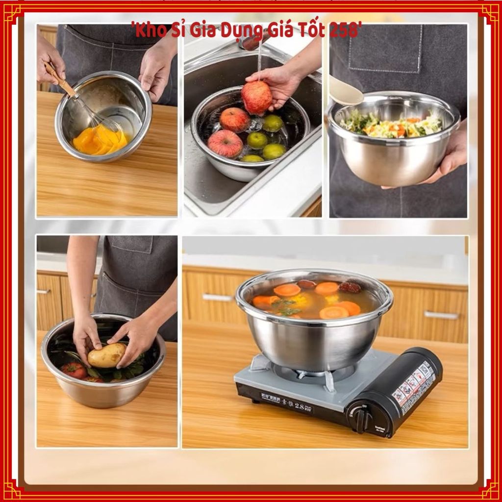 (COMBO 5) THAU INOX RỬA RAU CỦ ĐA NĂNG, Thau Inox Bóng Đẹp, Chậu Inox Cao Cấp, Thau Đựng Thực Phẩm, 