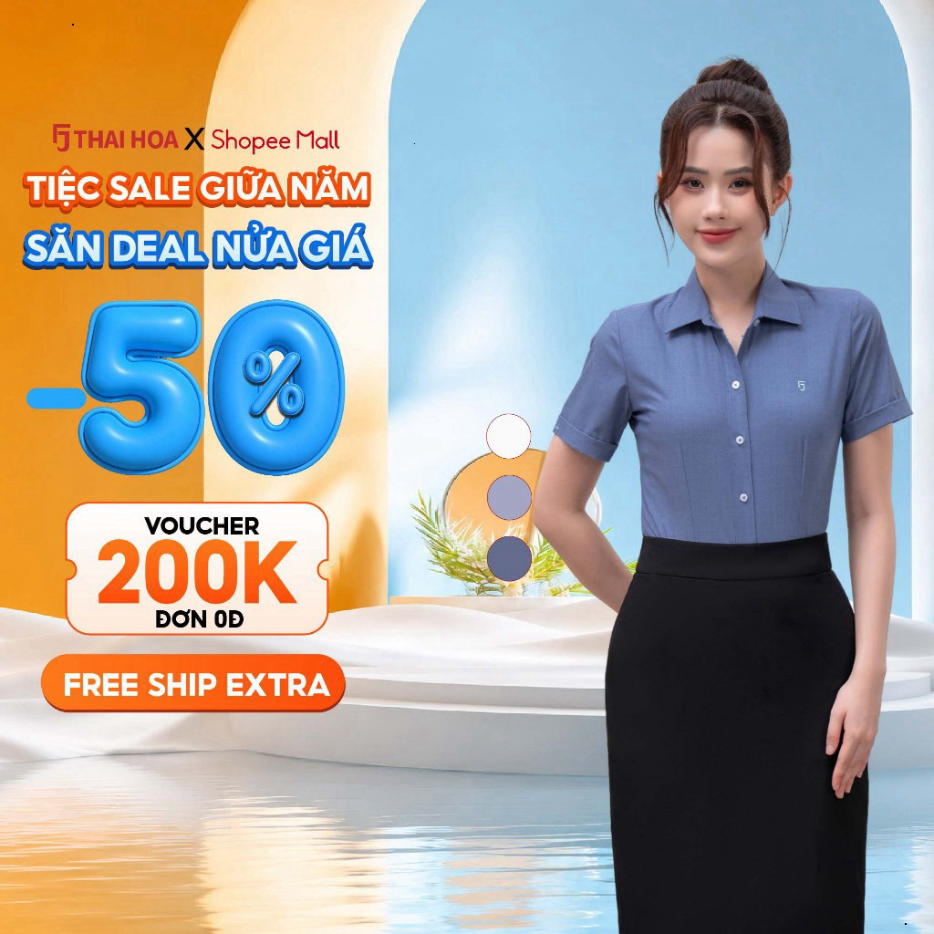 { Fashion aeon mall FLASH SALE }  [ HÀNG CTY ] Áo sơ mi nữ ngắn tay Thái Hòa 267 vải Bamboo Cotton c