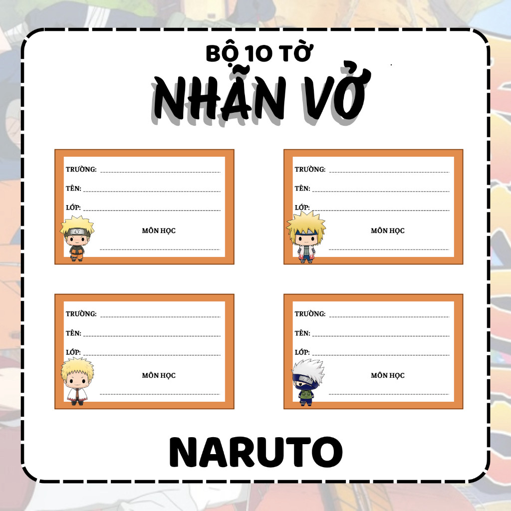 [Nhãn vở Naruto] Gói 10 miếng nhãn vở anime, nhãn dán tập, sách