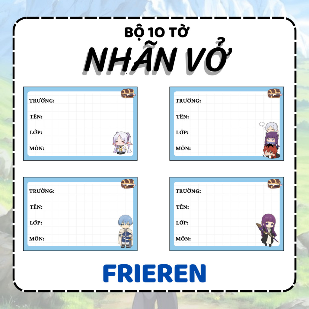[Nhãn vở Frieren] Gói 10 miếng nhãn vở anime, nhãn dán tập, sách