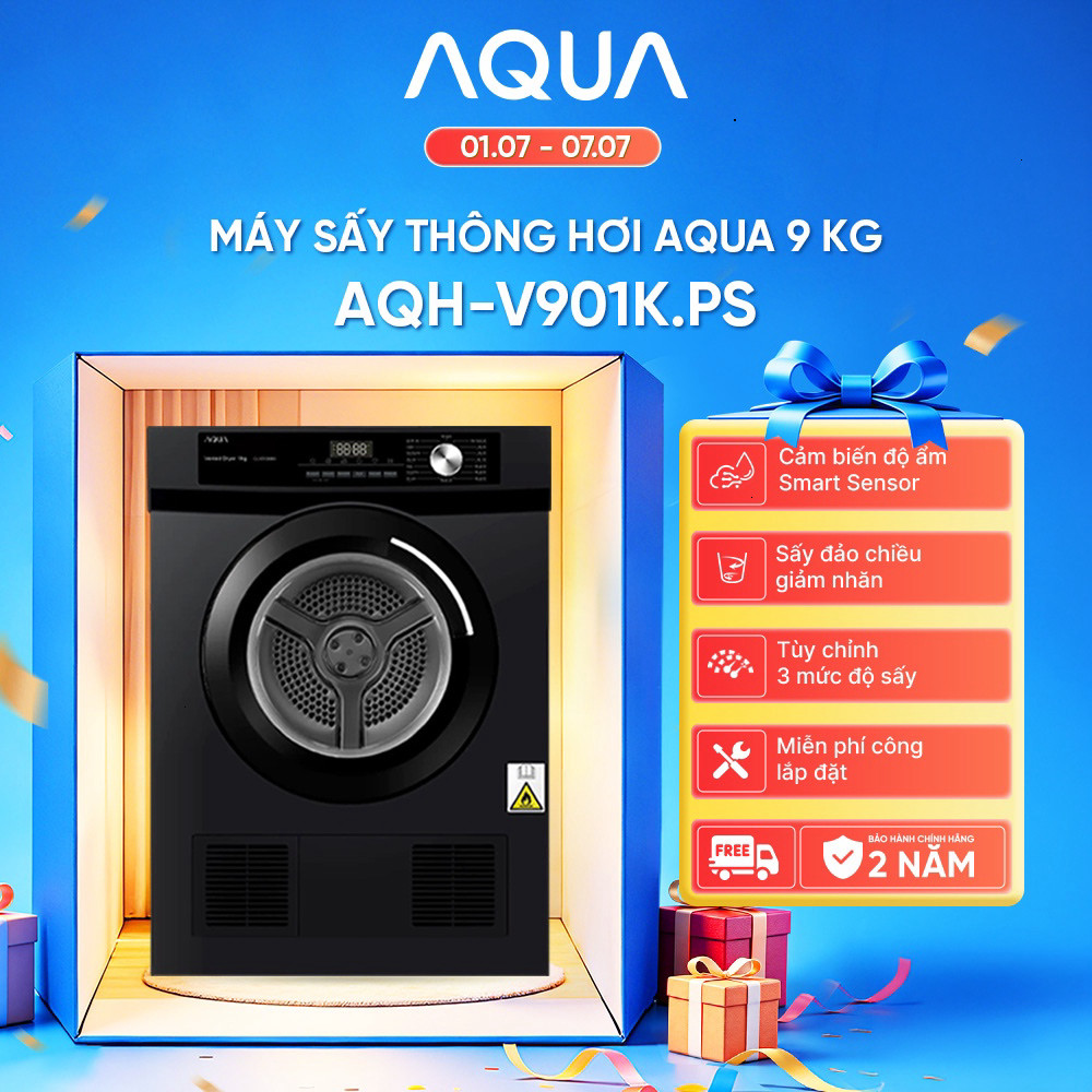 Máy sấy thông hơi Aqua 9 kg AQH-V901K PS - Freeship toàn quốc - Bảo hành 2 năm