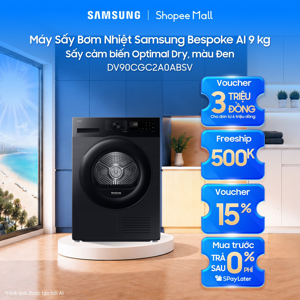 Máy Sấy Bơm Nhiệt Samsung Bespoke AI 9 kg DV90CGC2A0ABSV - Sấy cảm biến Optimal Dry, màu Đen