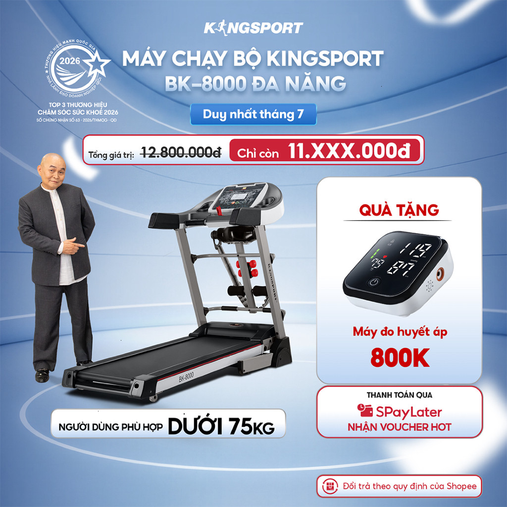 Máy chạy bộ KINGSPORT BK-8000 đa năng, thảm chạy rộng chống trơn, 12 bài tập đa dạng