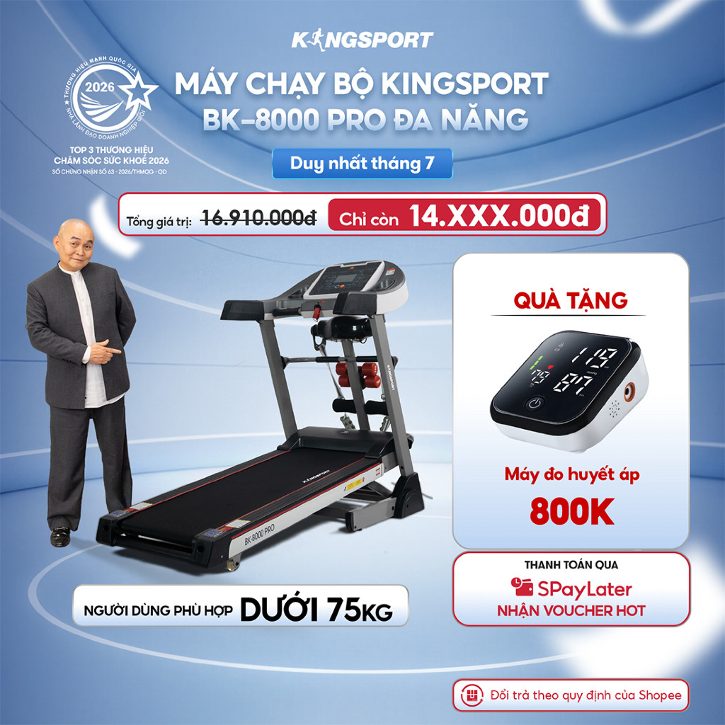 [KOL] Máy chạy bộ KINGSPORT BK-8000 Pro đa năng, tốc độ tối đa 14km/h, có đai massage
